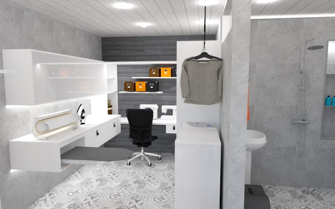 3D-mallinnus, omakotitalon suunnittelu: Oriveden kodinhoitohuone, pesuhuone ja sauna lopullinen versio. Sisustussuunnittelija Tampere, Marika Piekkala