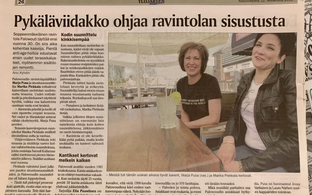 Ylöjärven Uutiset,  6/2011, Ylöjärven Palowoudin sisustussuunnittelu, ravintola / julkitilasuunnittelu