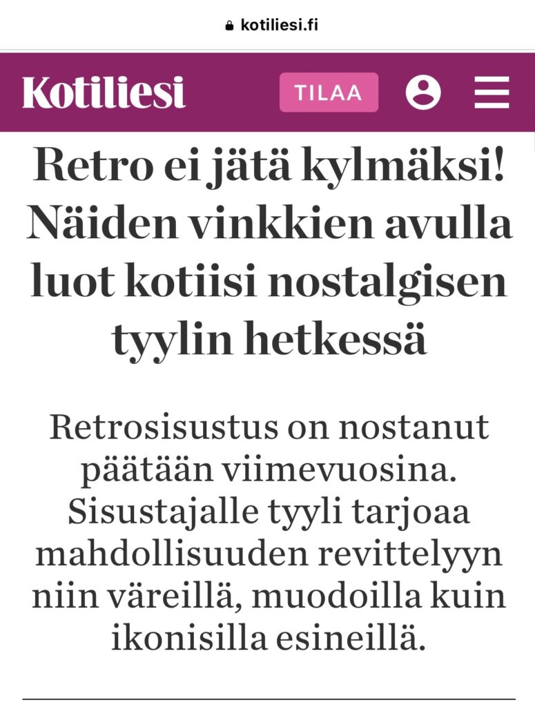 Sisustussuunnittelija Tampere kokemuksia, Marika Piekkala, Marikan SisustusStudio, Pirkanmaa, Ylöjärvi, isustussuunnittelua rakkaudella yksityisiin ja julkisiin kohteisiin. Kotiliesi haastattelu Iida Tani, Retro sisustus ja tyyli. Sisustussuunnittelija Tampere, Ylöjärvi, koko Suomi