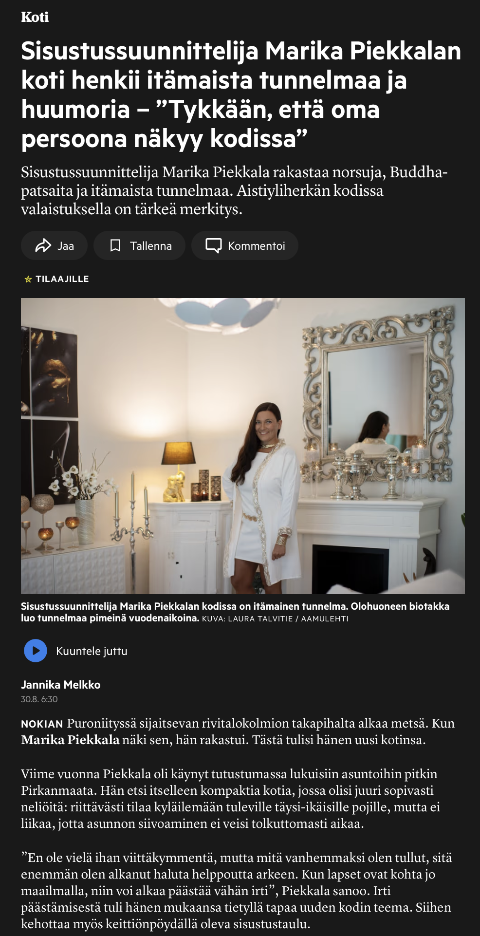 Aamulehti Koti-liite 30.8.2025. Haastattelijana Jannika Melkko ja haastateltavana aistiyliherkkä Marika Piekkala sisustussuunnittelija, Tampere, Nokia, Ylöjärvi, Pirkanmaa, koko Suomi