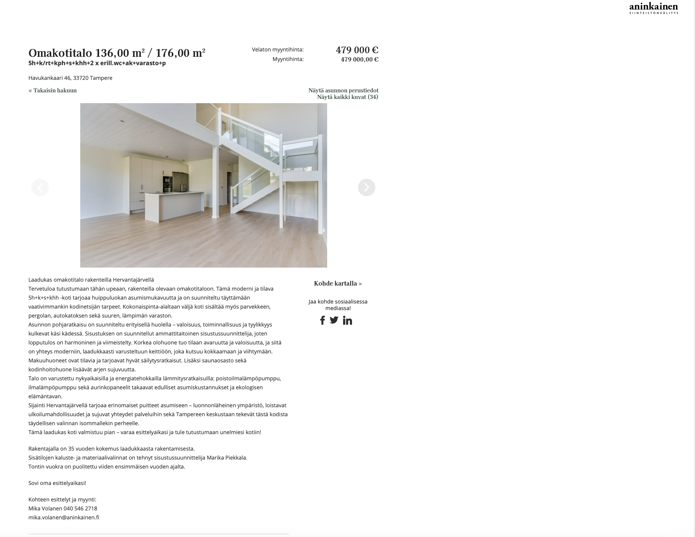 Rakennuttajan myyntikohde myyty. Kiinteistövälittäjä Aninkainen.fi omistaa kuvat ja tekijänoikeudet. Kaikki sisätilan materiaalit, pinnat ja kiintokalusteet saunan kanssa on valinnut Marika Piekkala, Sisustussuunnittelija Tampere, Pirkanmaa, Ylöjärvi, Nokia Turku, Helsinki, Lahti ja muut kaupungit. Toimin koko Suomen alueella, myös ulkomailla.   Marikan SisustusStudio 045 - 137 2572 www.sisustusstudio.com Sisustussuunnittelua intohimolla & 16 vuoden kokemuksella 💯✨