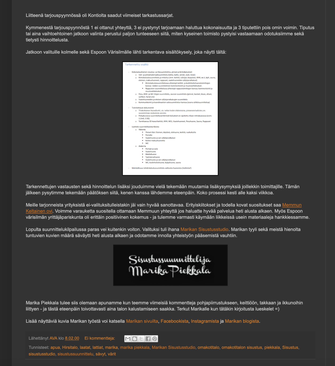 Sisustussuunnittelija Tampere kokemuksia, Marika Piekkala, Marikan SisustusStudio, Pirkanmaa, Ylöjärvi, Ikaalinen, Parkano, Nokia, Kangasala, Helsinki, Turku, Lahti, Espoo, Kotka, Forssa, Pori, Vaasa, Jyväskylä ja Somero suositukset asiakkailta, sisustussuunnittelua rakkaudella yksityisiin ja julkisiin kohteisiin