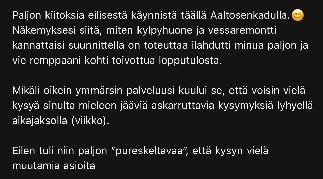 Sisustussuunnittelija Tampere kokemuksia, Marika Piekkala, Marikan SisustusStudio, Pirkanmaa, Ylöjärvi, Ikaalinen, Parkano, Nokia, Kangasala, Helsinki, Turku, Lahti, Espoo, Kotka, Forssa, Pori, Vaasa, Jyväskylä ja Somero suositukset asiakkailta, sisustussuunnittelua rakkaudella yksityisiin ja julkisiin kohteisiin