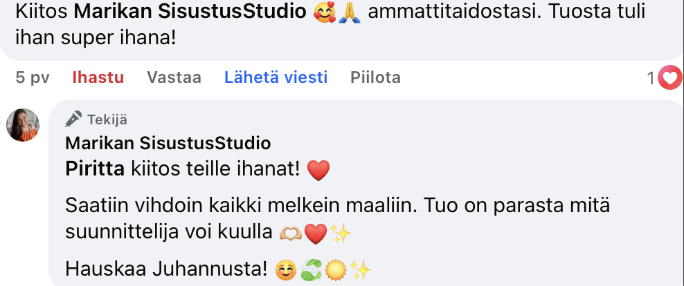 Sisustussuunnittelija Tampere kokemuksia, Marika Piekkala, Marikan SisustusStudio, Pirkanmaa, Ylöjärvi, Ikaalinen, Parkano, Nokia, Kangasala, Helsinki, Turku, Lahti, Espoo, Kotka, Forssa, Pori, Vaasa, Jyväskylä ja Somero suositukset asiakkailta, sisustussuunnittelua rakkaudella yksityisiin ja julkisiin kohteisiin