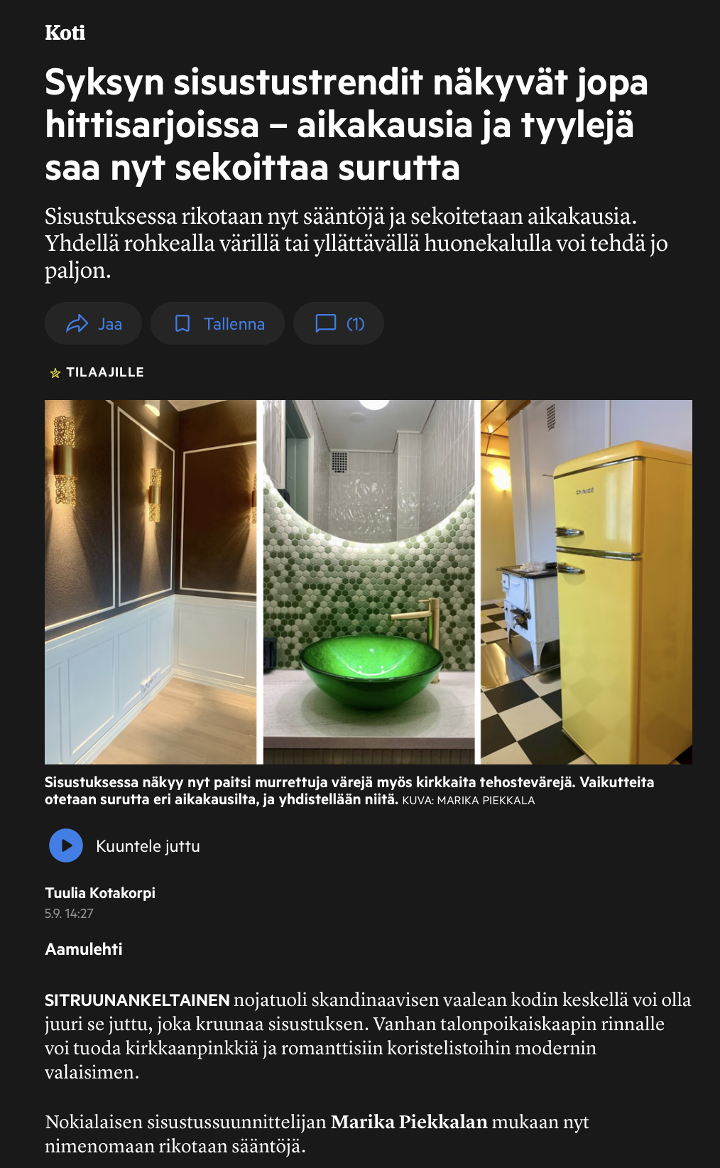 Aamulehti 5.9.2026. Kirjoittaja Tuulia Kotakorpi. Aihe Trendit 2026. Marika Piekkala, Pirkanmaa, Tampere, Nokia, Ylöjärvi