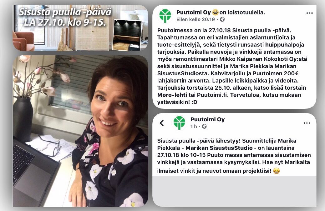Yrityksille konsultointia. Marikan SisustusStudio on konsultoimassa asiakkaita materiaalien kanssa ja tekee samalla suunnitelmia asiakkaille. Sisusta puulla- päivät Ylöjärven Puutoimessa 27.10.2018. Olen ollut konsultoimassa asiakkaita muutaman kerran hyvällä palauttella. Sisustussuunnitelija  Tampere, Marika Piekkala